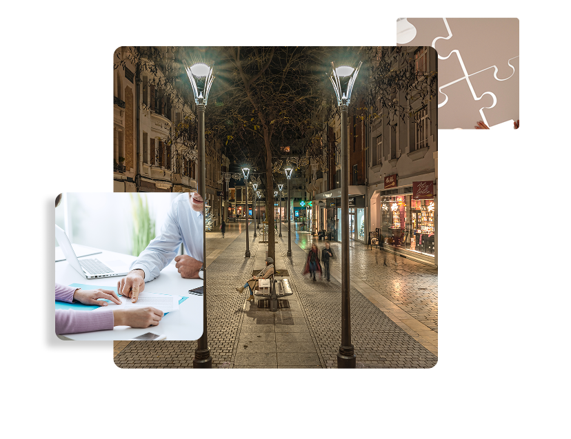 Composition illustrant notre réseau de partenaires : une rue commerçante dynamique, associée à une réunion de travail et un puzzle symbolisant la mutualisation de nos expertises.